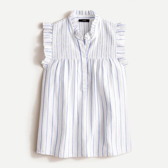 J. Crew Smocked Ruffle Gauze Top-White Stripe- Size Small - Picture 1 of 10